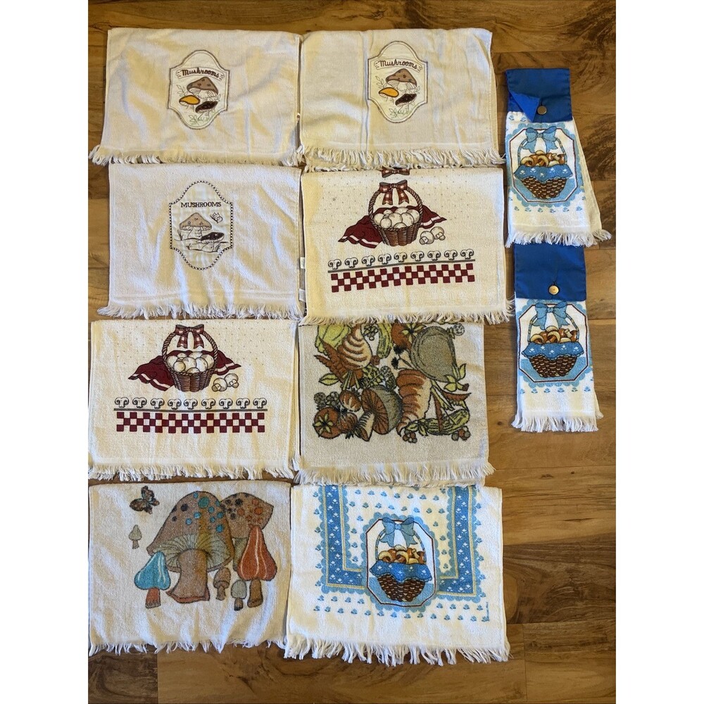 Lot Of 10 Adorable Vintage Mushroom Kitchen Hand Dish Towels MCM Cottage Core